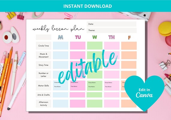 Weekly Lesson Plan Template, Teacher Lesson Planner,  Preschool/kindergarten, Pre K Schedule Template, Instant Download,  Editable, Printable - Etsy