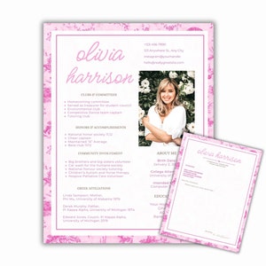 Plantilla de currículum de hermandad, plantilla de currículum de hermandad con foto, currículum de hermandad y carta de presentación, hermandad rosa, descarga instantánea, editable