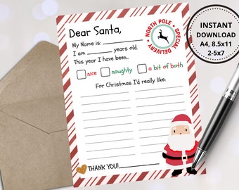 Letter to Santa Claus, Christmas Wish list, Christmas Printable for kids, Candy Cane, Christmas activity, Christmas Printable, red and white