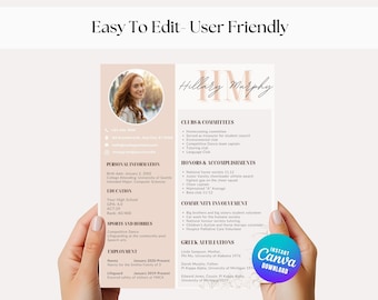 Sorority Resume Template with photo, Instant download, Editable, Pretty, Monogram, creative resume template, job resume template