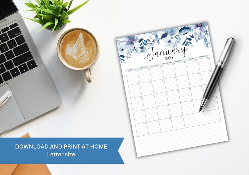 2024 Lined Printable Calendar, Portrait, Floral Greenery Calendar 2024