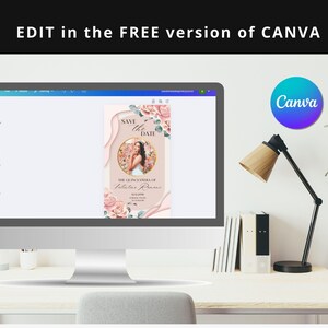 May include: A computer screen displaying a pink and white save the date card with floral designs and a photo of a woman. The text on the card reads "Save the Date" and "The Quincea&ntilde;era of Natalia Ramos". The Canva logo is visible in the top right corner of the screen.