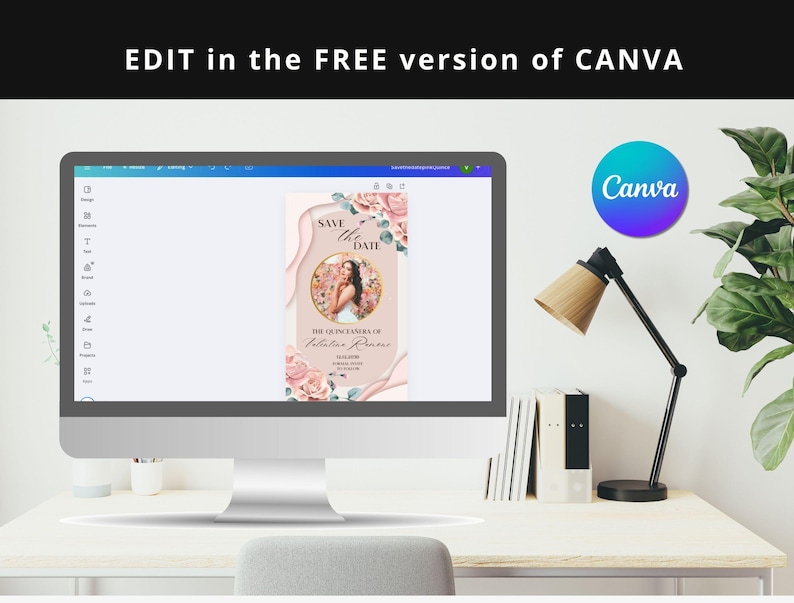 May include: A computer screen displaying a pink and white save the date card with floral designs and a photo of a woman. The text on the card reads "Save the Date" and "The Quincea&ntilde;era of Natalia Ramos". The Canva logo is visible in the top right corner of the screen.