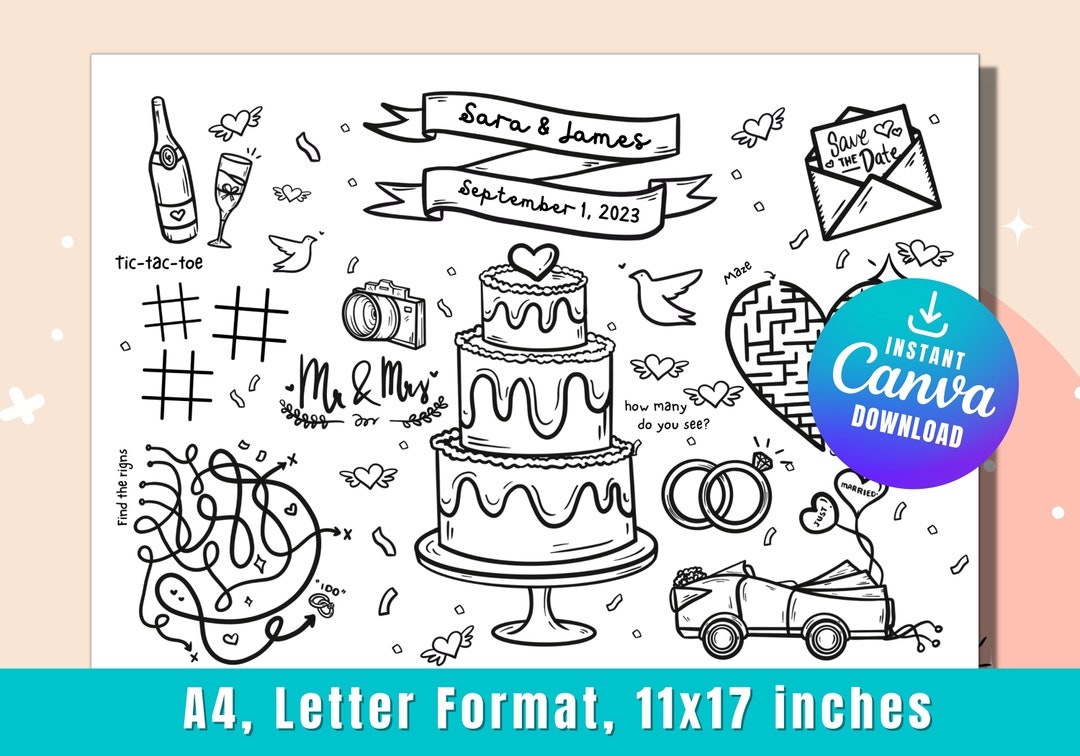 PRINTABLE Wedding Coloring Placemat, INSTANT DOWNLOAD, Digital File ...