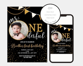 Mr onederful invitation template, Mr onederful invitation, Mr onederful birthday boy, First Birthday Invitation, black and gold invite