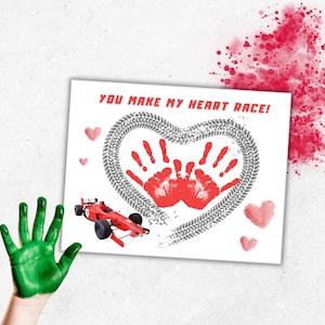 Valentijnsdag handafdrukkunst, Vaderdag handafdruksjabloon, rode raceauto, racebaan, je laat mijn hart sneller kloppen, pre-activiteit voor kinderen