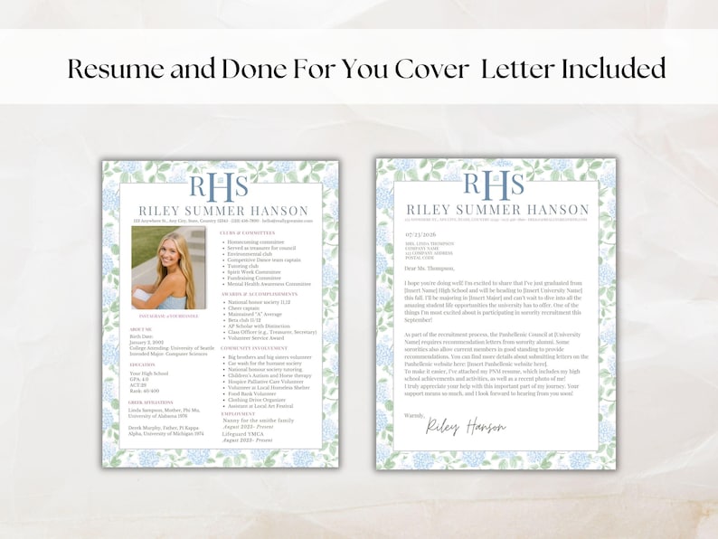 May include: A resume and cover letter template with a floral border. The resume includes a photo, contact information, and sections for experience and education. The cover letter is a matching design. Text includes the name "Riley Summer Hanson".