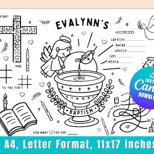 PRINTABLE Baptism Coloring Placemat, INSTANT DOWNLOAD, Digital File, Printable, Christening coloring placemat, Activity Mat, Personalized