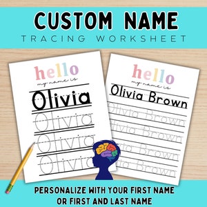 Puede incluir: Dos hojas de trabajo blancas de rastreo de nombres personalizados con los nombres "Olivia" y "Olivia Brown" impresos en negro. Las hojas de trabajo tienen líneas punteadas para el rastreo. El texto "hello my name is" está encima del nombre. Un lápiz y un cerebro también son visibles.