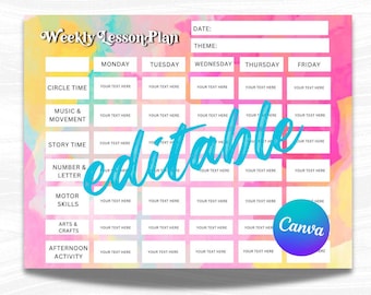 Weekly lesson Plan Template, Teacher Lesson planner, Preschool/Kindergarten, Pre k schedule template, Instant Download, editable, printable