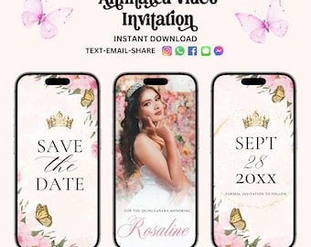Animated save the date Quinceanera invitation, pink blush gold, sweet 15 invitation, mis quince anos, princess, butterflies, editable Canva