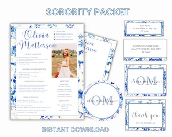 Sorority Packet, blue sorority, Sorority Resume Template with photo, Recruitment letter, Graduation gift for her, grad 2025, editable