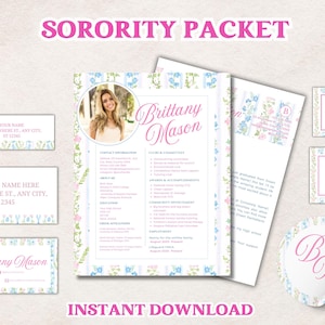 Currículo de irmandade com imagem, irmandade rosa azul verde, pacote de irmandade, cartão de agradecimento, cartas de recrutamento, adesivos, canva editável