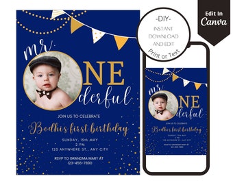Mr onederful Einladung Vorlage, Mr onederful Einladung, Mr onederful Geburtstags Junge, Erste Geburtstagseinladung mit Foto, Blau und Gold