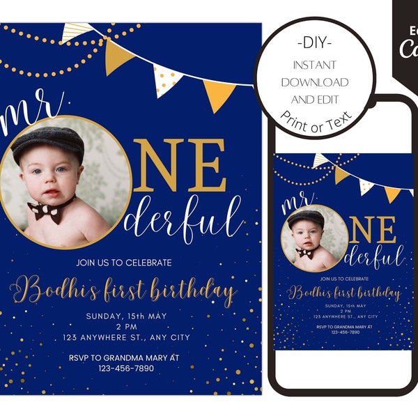 Mr onederful invitation template, Mr onederful invitation, Mr onederful birthday boy, First Birthday Invitation with photo, blue and gold