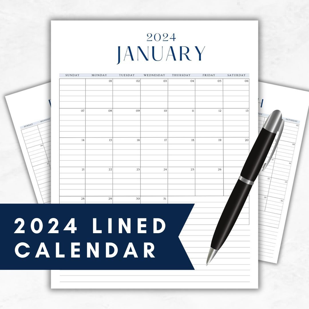 2024 Lined Printable Calendar Lined Monthly Calendar Letter Etsy