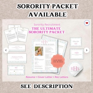 K&ouml;nnte beinhalten: Werbung f&uuml;r ein Sorority-Paket. Das Bild zeigt einen Lebenslauf, ein Anschreiben und Empfehlungsschreiben. Der Text enth&auml;lt "Sorority Recruitment", "The Ultimate Sorority Packet" und "Save When You Bundle."