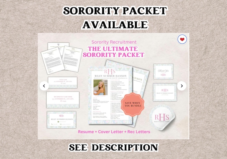 K&ouml;nnte beinhalten: Werbung f&uuml;r ein Sorority-Paket. Das Bild zeigt einen Lebenslauf, ein Anschreiben und Empfehlungsschreiben. Der Text enth&auml;lt "Sorority Recruitment", "The Ultimate Sorority Packet" und "Save When You Bundle."