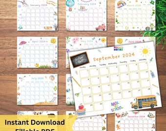 2024 Printable calendar, Editable PDF printable kids calendar, Watercolor Calendars, Children's Calendars, Homeschool Calendar, classroom