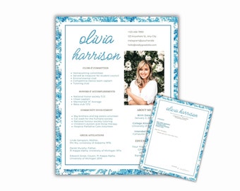 Sorority Resume template, Sorority resume template with photo, Sorority Resume and Cover letter, blue sorority, instant download, editable