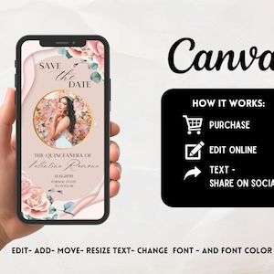 May include: A pink and green floral digital save the date card with a photo of a young woman in a white dress. The text reads "Save the Date" and "The Quincea&ntilde;era of Valentine Ramone".