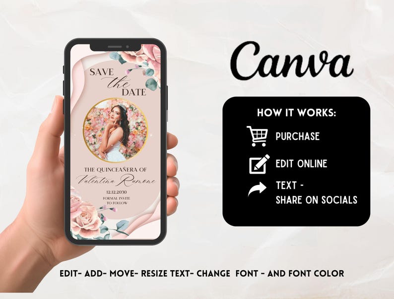 May include: A pink and green floral digital save the date card with a photo of a young woman in a white dress. The text reads "Save the Date" and "The Quincea&ntilde;era of Valentine Ramone".