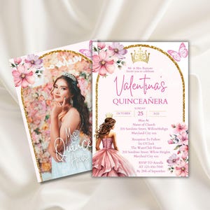 Quinceanera invitation printable, pink blush gold, sweet 15 invitation, mis quince anos, invitation with photo, Elegant Floral Design