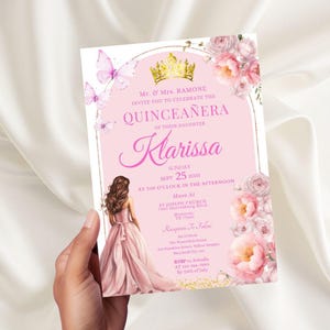Quinceanera invitation printable, pink blush gold, sweet 15 invitation, mis quince anos, Princess invitation, Elegant Floral Design, arch