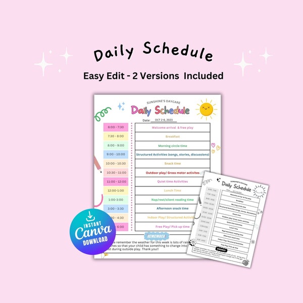 Daily Daycare Schedule, Homeschool schedule, editable classroom schedule