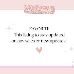 K&ouml;nnte beinhalten: Eine wei&szlig;e Karte mit dem Wort "FAVORITE" und dem Text "This listing to stay updated on any sales or new updates!" ist mit einem glitzernden rosa Klebeband auf einem rosa Hintergrund befestigt. Ein rosa Herz und Sternschnuppen sind ebenfalls vorhanden.