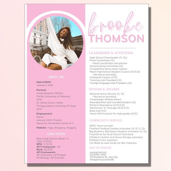 Pink sorority, Sorority Resume Template with photo, Instant download, Editable, girly, recruitment, job resume, with cover letter