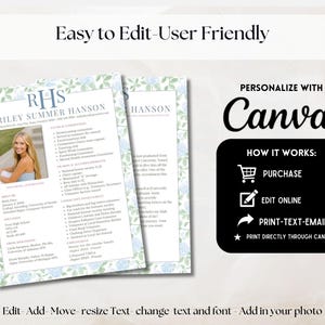 May include: A resume template with a floral design, featuring a photo and personal details. The text reads "Easy to Edit-User Friendly" and "Personalize with Canva". Instructions include purchase, edit online, and print options.