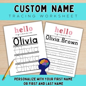 May include: Printable tracing worksheet with the text "CUSTOM NAME TRACING WORKSHEET". The worksheet has two sections, one with the name "Olivia" and the other with the name "Olivia Brown".
