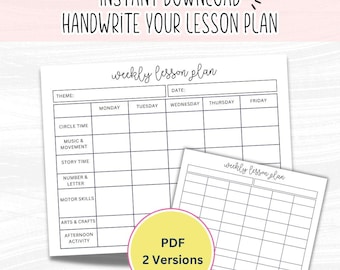 May include: Two printable weekly lesson plan templates in black and white. The first template has a theme section, a date section, and columns for Monday through Friday. The second template has a date section and columns for Monday through Friday. Both templates have the text "weekly lesson plan" at the top.