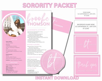 May include: A pink and white sorority packet with a photo of a woman, her name "Brooke Thomson" in a pink circle, and a list of her leadership and activities, honors and awards, community service, and education. The packet also includes a pink and white logo with the initials "BT" and the text "Thank you Brooke Thomson".