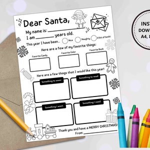Brief an den Weihnachtsmann, druckbare, Weihnachts-Wunschliste, Weihnachten druckbar für Kinder, Weihnachtsaktivität, Weihnachten Malseite