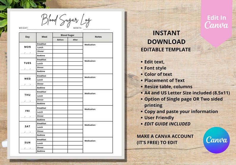 Diabetic Log, Blood Glucose Log, Gestational Diabetes Log, Blood Sugar
