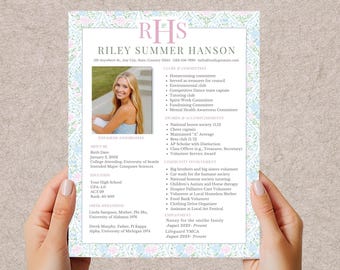 Plantilla de currículum para hermandad con foto, currículum y carta de presentación para hermandad, estampado floral, femenino, monograma, rosa y verde, graduación 2026, currículum para PNM