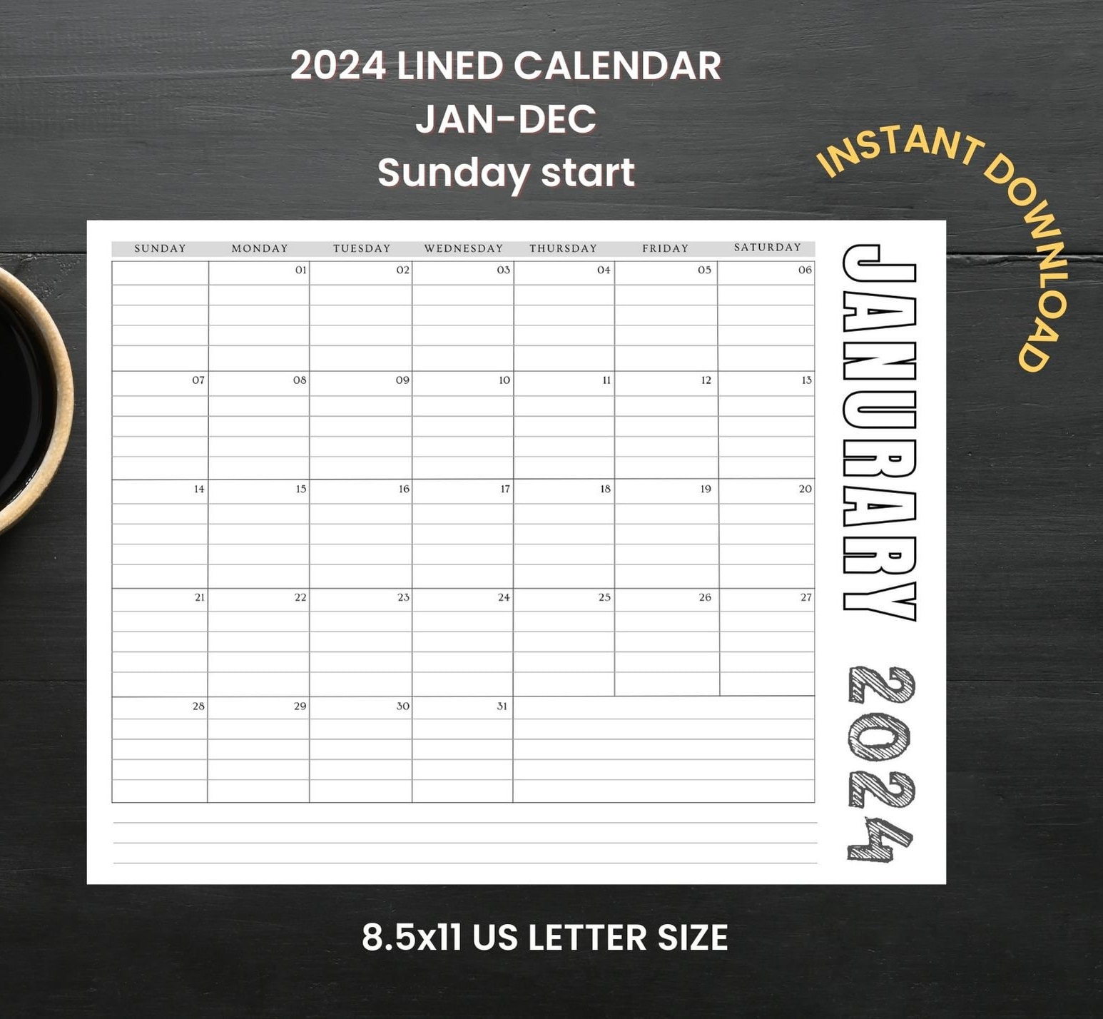 2024 Lined Printable Calendar, Lined Monthly Calendar, Letter Size