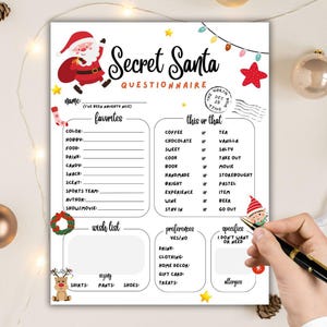 Cuestionario de amigo secreto para regalos de Navidad, encuesta de Navidad, intercambio de regalos, formulario de amigo secreto para el trabajo, amigos de Navidad, fiesta navideña