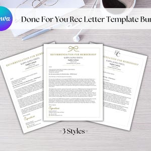 May include: A bundle of three recommendation letter templates for Kappa Alpha Theta, with a gold and white design. The text "Done For You Rec Letter Template Bundle" is at the top. The templates are on a light-colored surface.