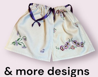 Vintage, embroidered, drawstring bags, with satin ribbon drawstrings. For travel, lingerie, gifts, shoes, crafts & more. Flower embroidery.