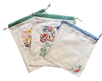 Vintage, embroidered, drawstring bags, with satin ribbon drawstrings. For travel, lingerie, gifts, shoes, crafts & more. Flower embroidery.
