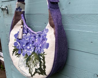 Slouchy vintage needlepoint sling bag with pretty vintage lining. Upcycled and eco.