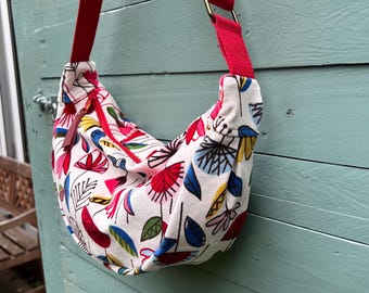 Funky velvet cross body bag, with colourful modern floral design. Fabulous vintage lining. Two slip pockets. Eco, upcycled fabric.