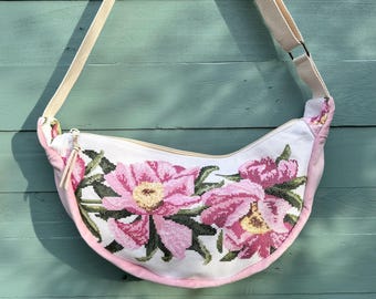 Cross stitch flowers round cross body/shoulder bag. Cotton velvet backing & vintage cotton lining. 2 slip pockets. Unique, eco.