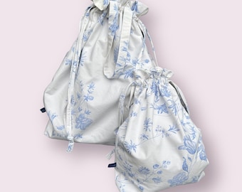 Large & medium drawstring bags, classic white and blue fabric. For laundry, packing, gifts, lingerie, shoes. Reclaimed, reusable. Handmade.