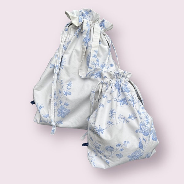Large & medium drawstring bags, classic white and blue fabric. For laundry, packing, gifts, lingerie, shoes. Reclaimed, reusable. Handmade.
