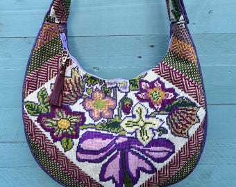 Slouchy vintage needlepoint sling bag with pretty vintage lining. Upcycled and eco.