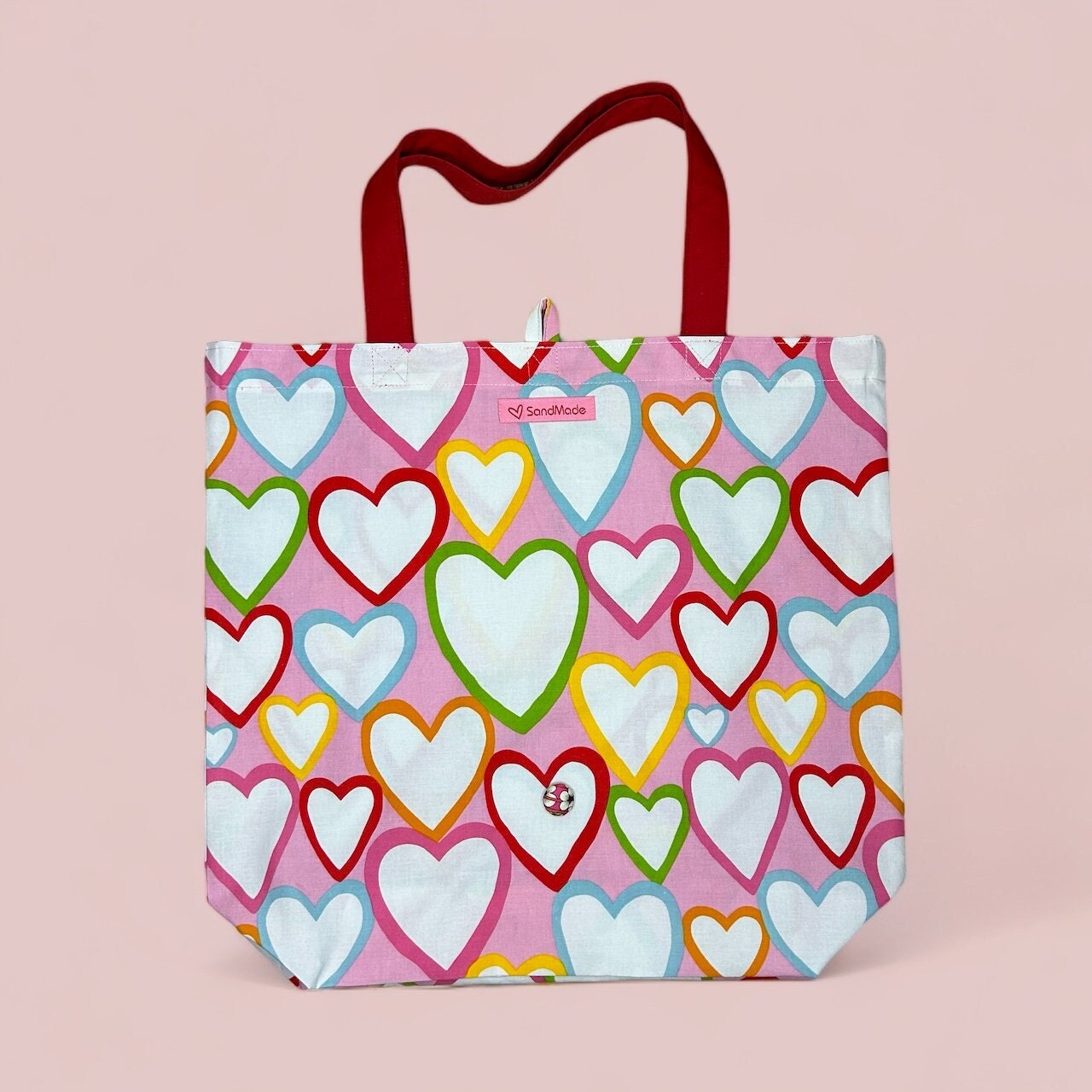 Multicolour Hearts Large Folding Shopping tote Bag. Pink Background Red Handles and a Pretty Fabric Button. Handmade From Pre loved Fabric. Etsy